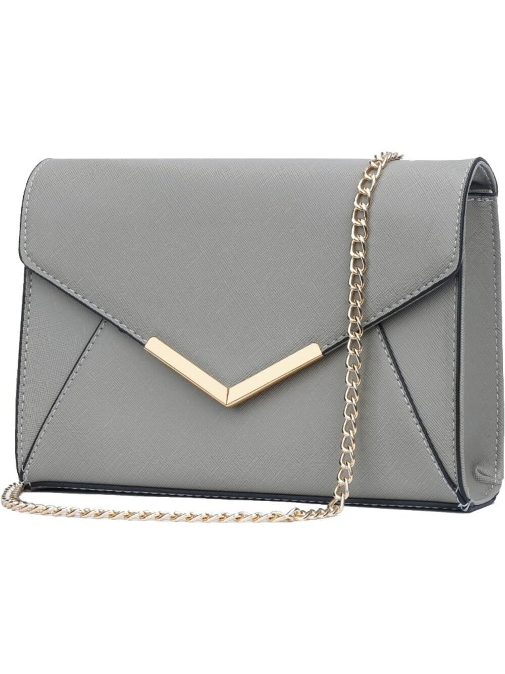Women A Grey Faux Leather Envelope Clutch Purse Crossbody Chain Evening Bag